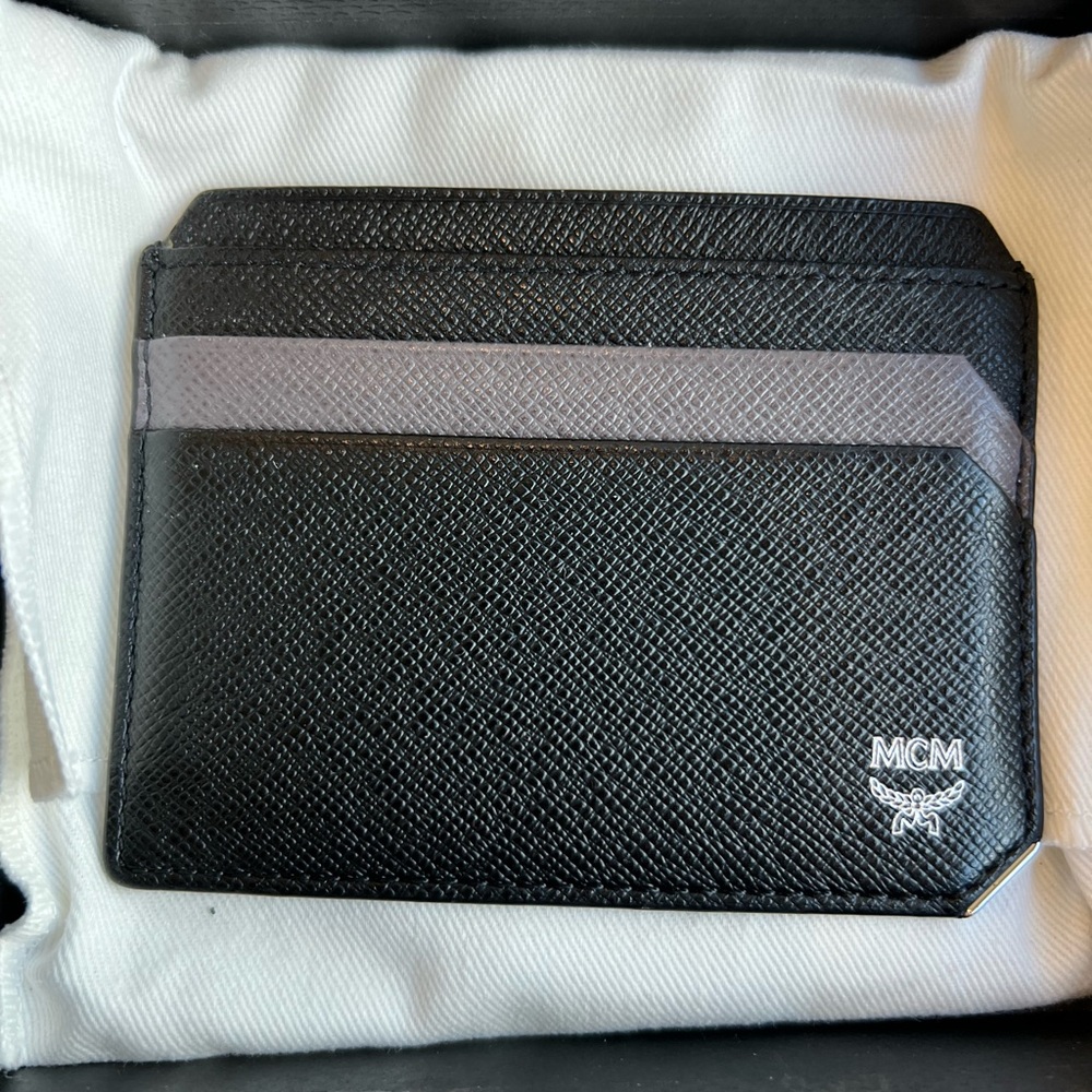 MCM Black and Gray Leather Key Card Holder with Logo